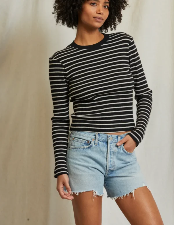 Discount Perfect White Tee Clyde Ribbed Long Sleeve Stripe Baby Tee - True Black/Natural Stripe