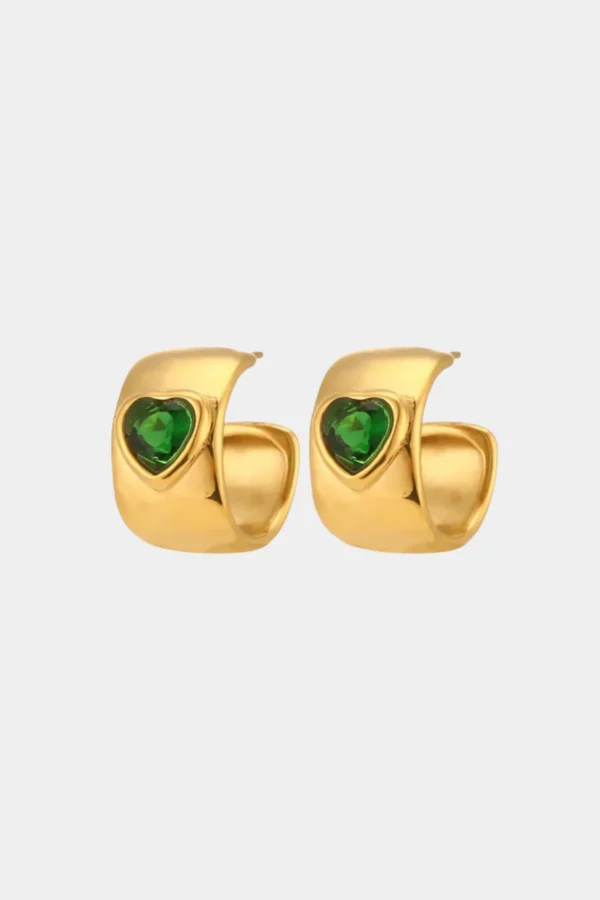 Discount We Are Emte Crystal Heart Hoop Earrings in 18k Gold Plated + Emerald