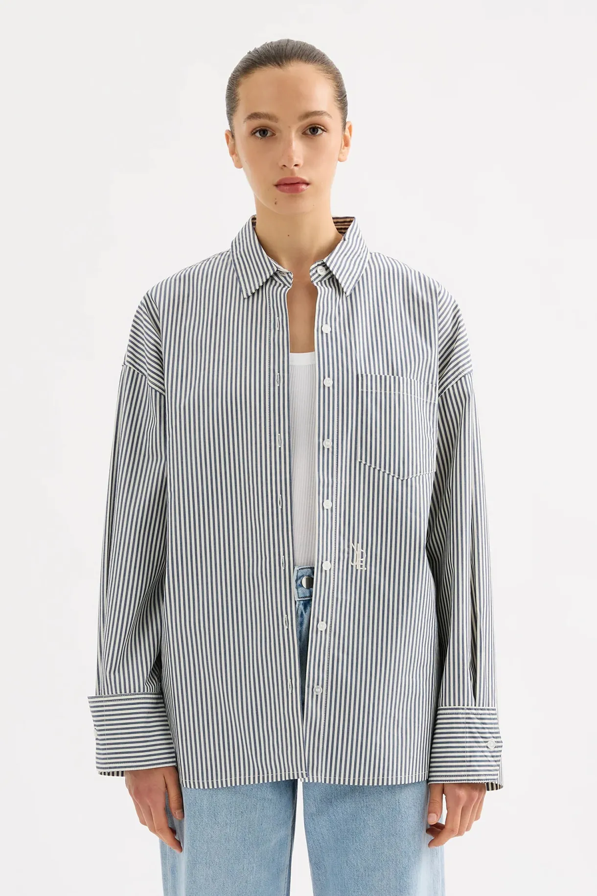 organic_poplin_shirt__nav_0.webp Outlet Nude Lucy Organic Poplin Shirt - Navy Stripe