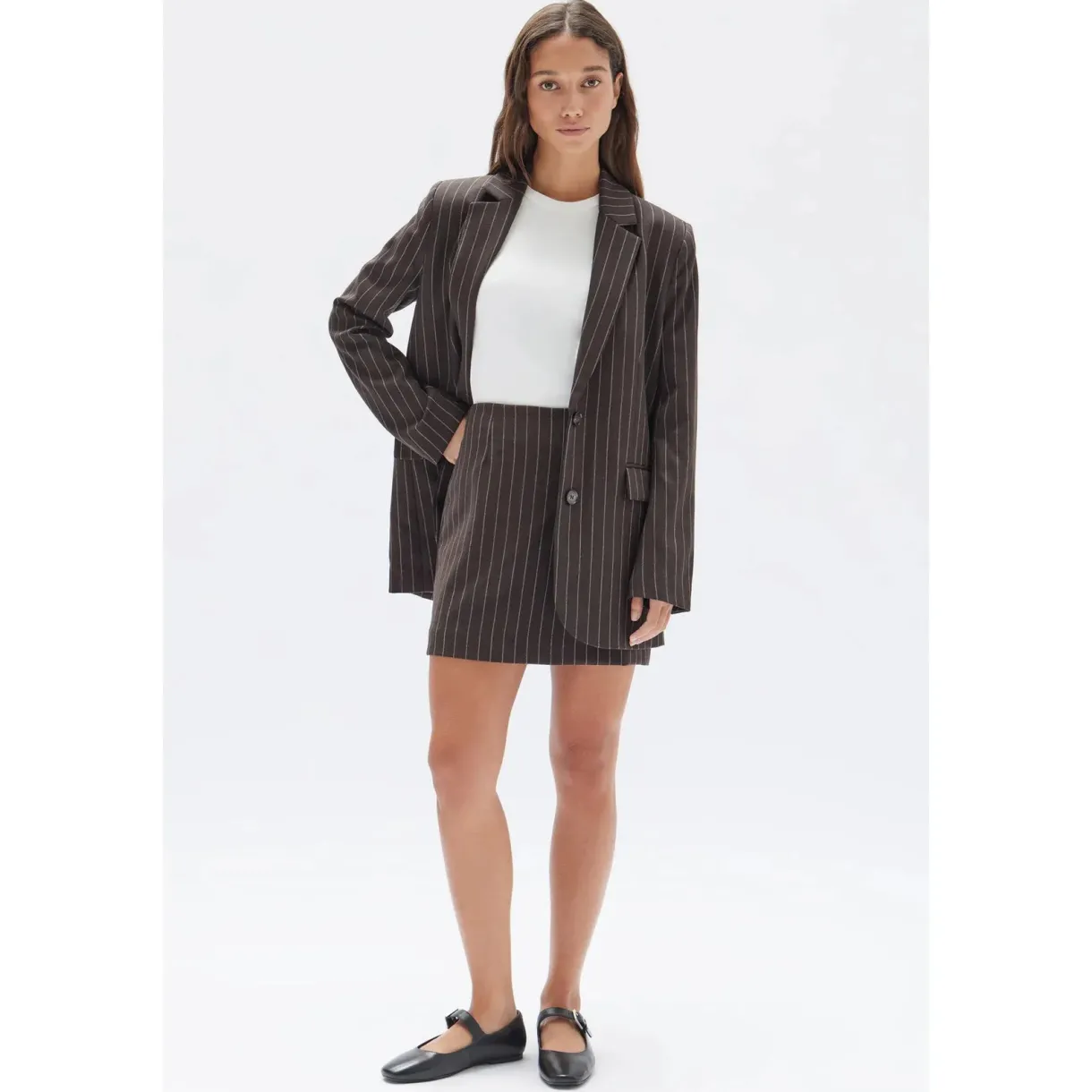 sofia_wool_pinstripe_mini_0.webp Clearance Assembly Label Sofia Wool Pinstripe Mini Skirt - Chestnut Stripe
