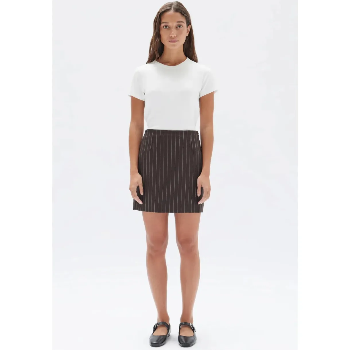 sofia_wool_pinstripe_mini_1.webp Clearance Assembly Label Sofia Wool Pinstripe Mini Skirt - Chestnut Stripe