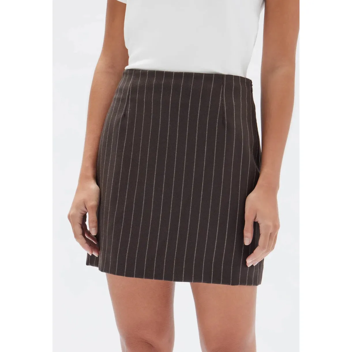 sofia_wool_pinstripe_mini_2.webp Clearance Assembly Label Sofia Wool Pinstripe Mini Skirt - Chestnut Stripe