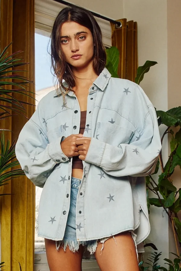 Best Bucketlist Star Print Washed Denim Shirt Jacket Shacket (pre-order May)