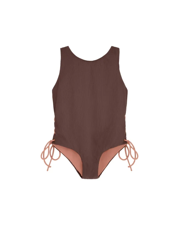 Fashion Summer Sun Label Tie Side Swimsuit - Chocolate with Honey Glow Tie Sides