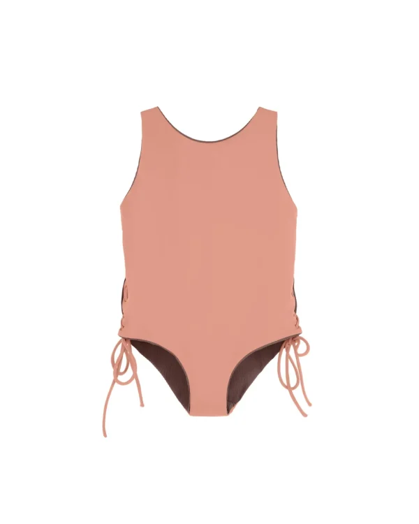 Fashion Summer Sun Label Tie Side Swimsuit - Chocolate with Honey Glow Tie Sides