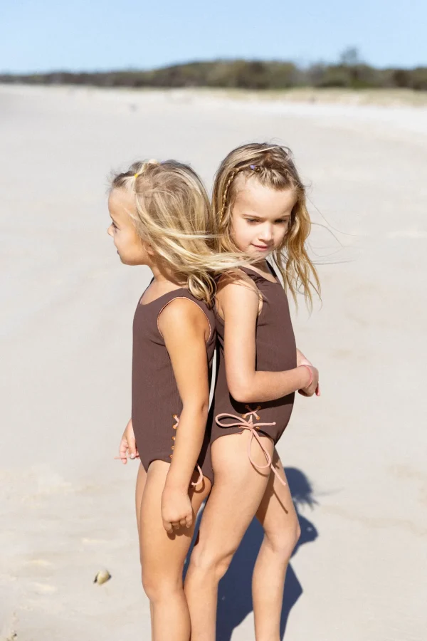 Fashion Summer Sun Label Tie Side Swimsuit - Chocolate with Honey Glow Tie Sides