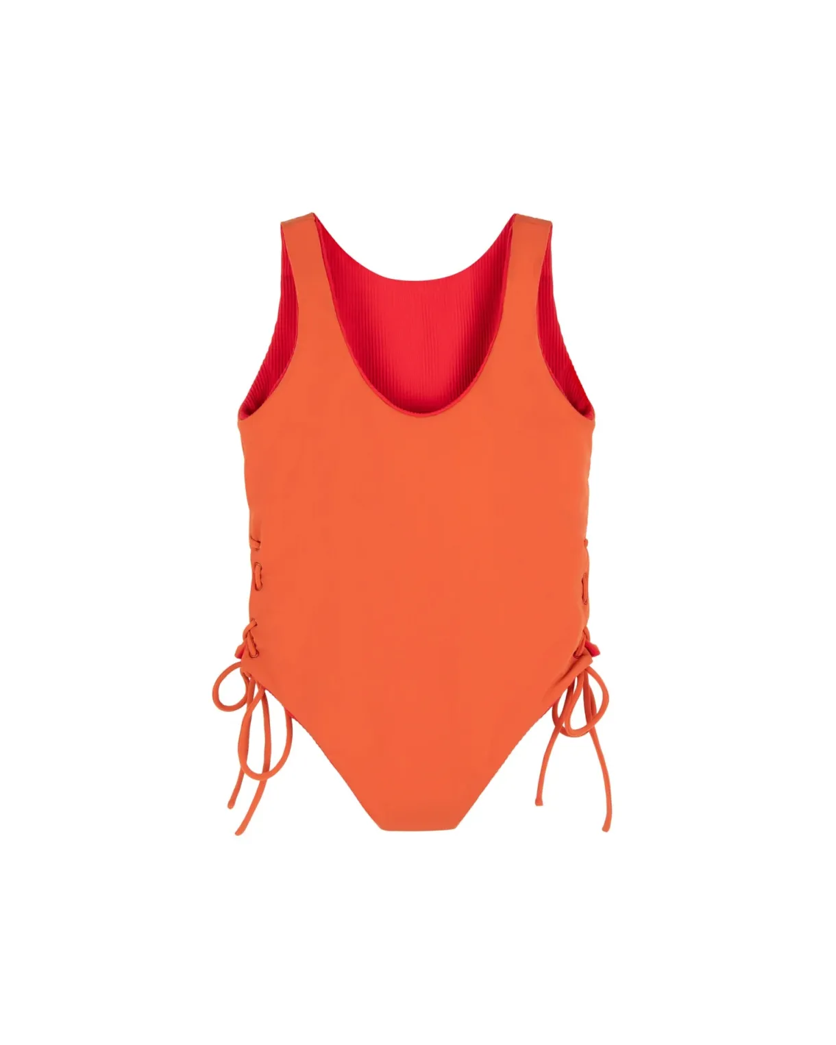 tie_side_swimsuit__red_wi_1.webp Clearance Summer Sun Label Tie Side Swimsuit - Red with Burnt Orange Tie Sides